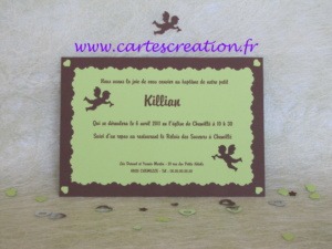 Faire-part baptême garçon ange, vert bourgeon et chocolat - cartescreation.fr