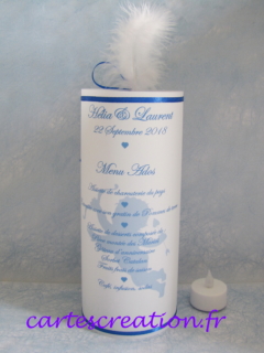 Menu photophore mariage, ange et plume, ruban bleu roi - calque blanc - cartescreation.fr