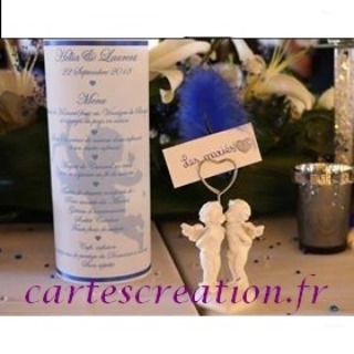 Menu photophore mariage ange et plume, ruban bleu roi - cartescreation.fr 