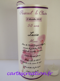 Menu photophore anniversaire 50 ans orchidée - calque perle irisée - cartescreation.fr