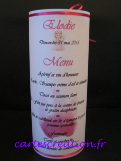 Menu photophore communion, ruban rose fushia, calque blanc - cartescreation.fr