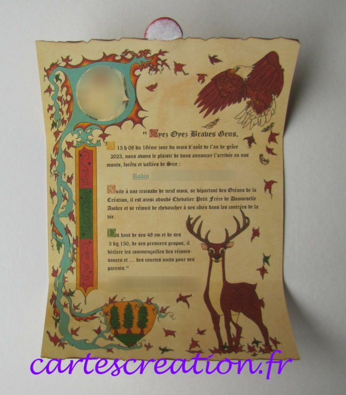 Naissance Robin : aigle, blason sapins, cerf