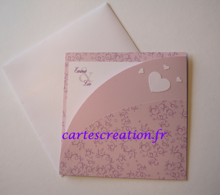 Faire-part mariage pochette lilas - Coeurs 1