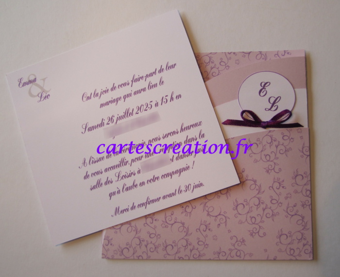 Faire-part mariage pochette lilas ruban cassis 2