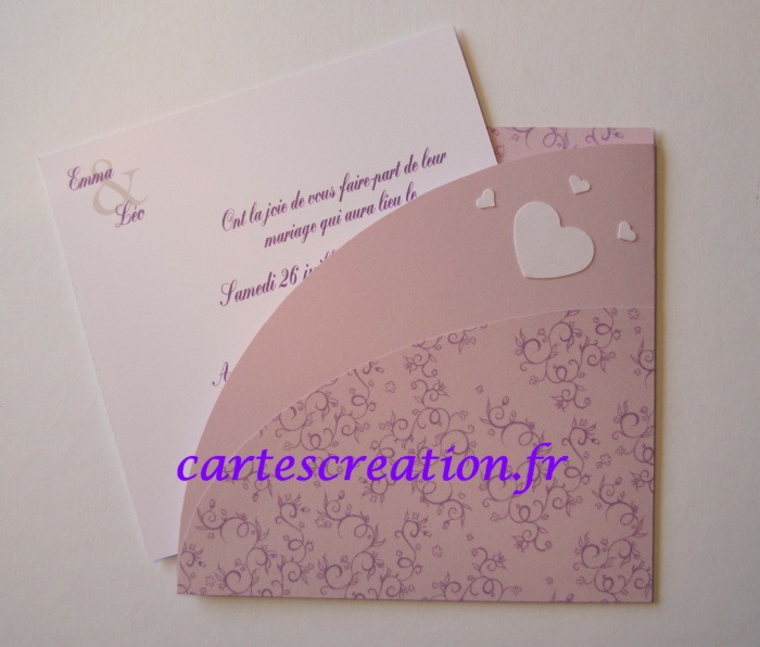 Faire-part mariage pochette lilas - Coeurs 3