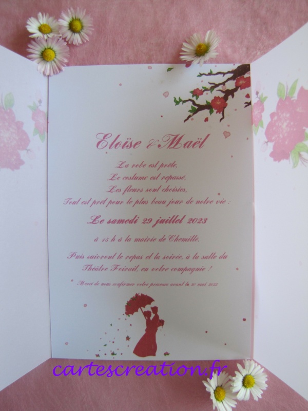 Faire-part mariage bohême fleurs roses - SC4 - cartescreation.fr